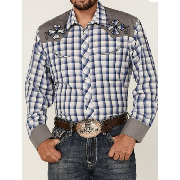 Roper Other - Roper Western Shirt Mens 2XL Embroidered Plaid Long Sleeve Pearl Snap Blue/Gray